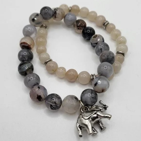 Agate Stretch Bracelet Set with Lucky Elephant Charm: - Picture 1 of 10